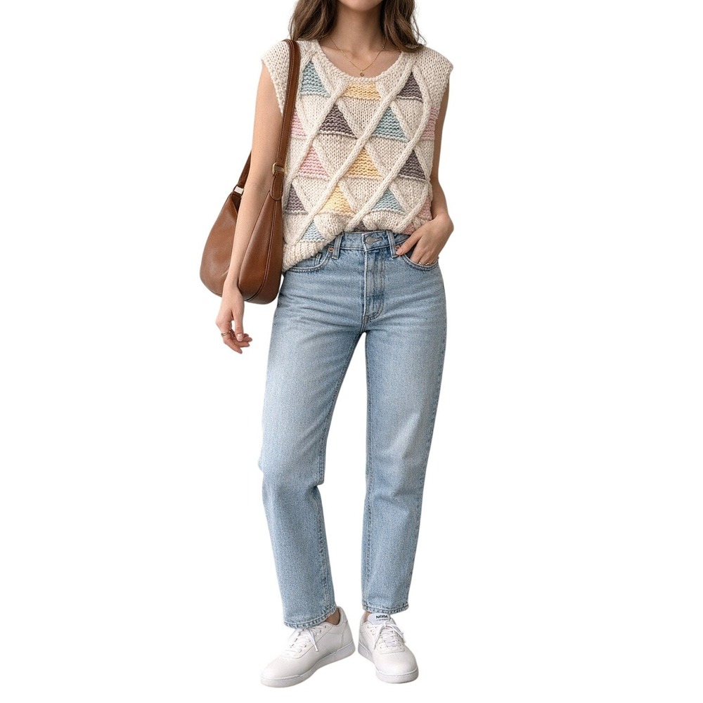 Vintage Jamie Scott Hand Knit Pastel Argyle Sweater Tank Size M‎